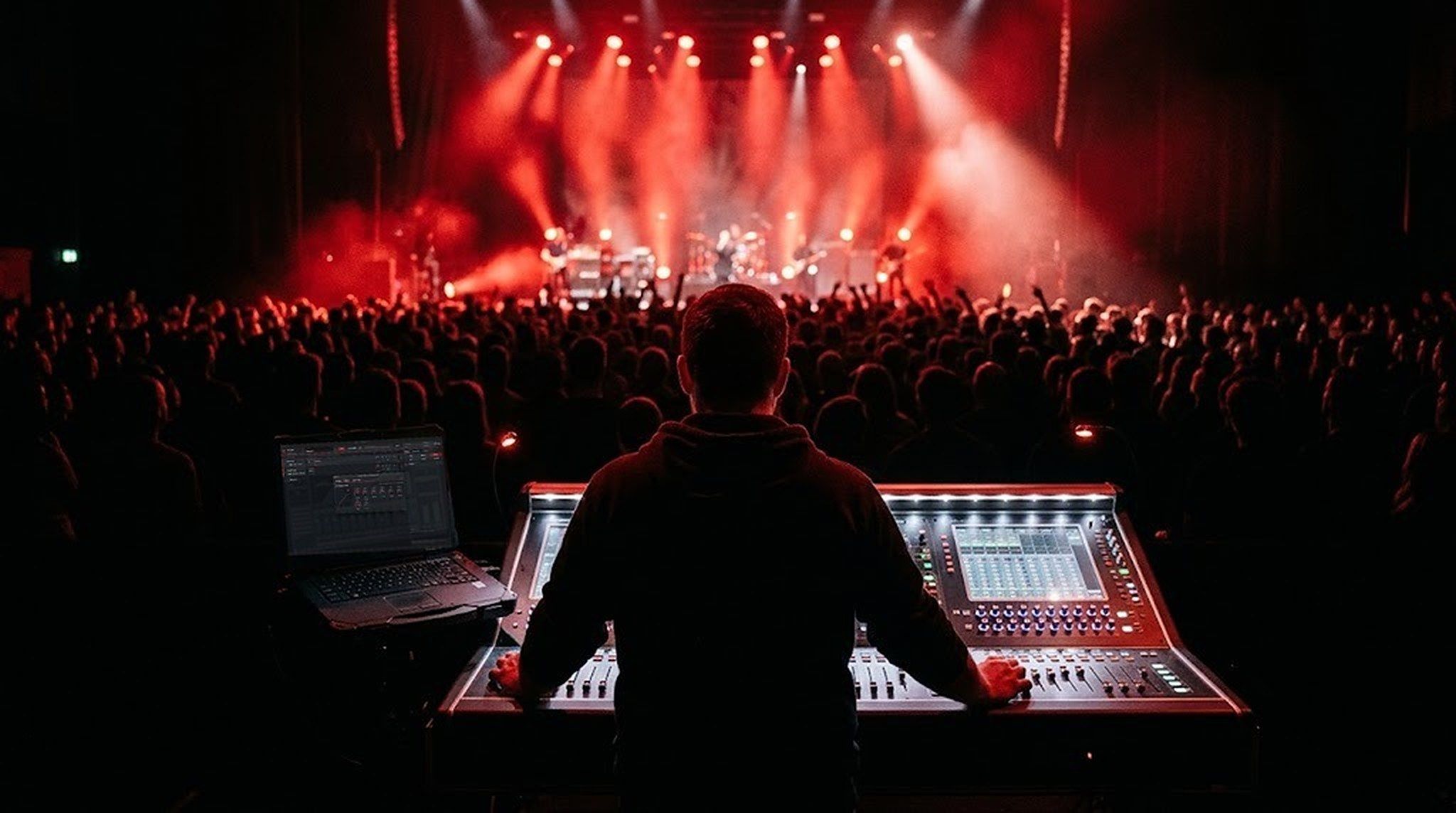 Front-of-house engineer mixing a live concert with Pi Live on the laptop