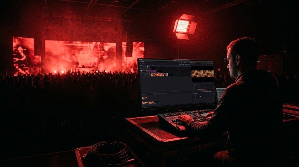 Show-control booth in front of an LED wall