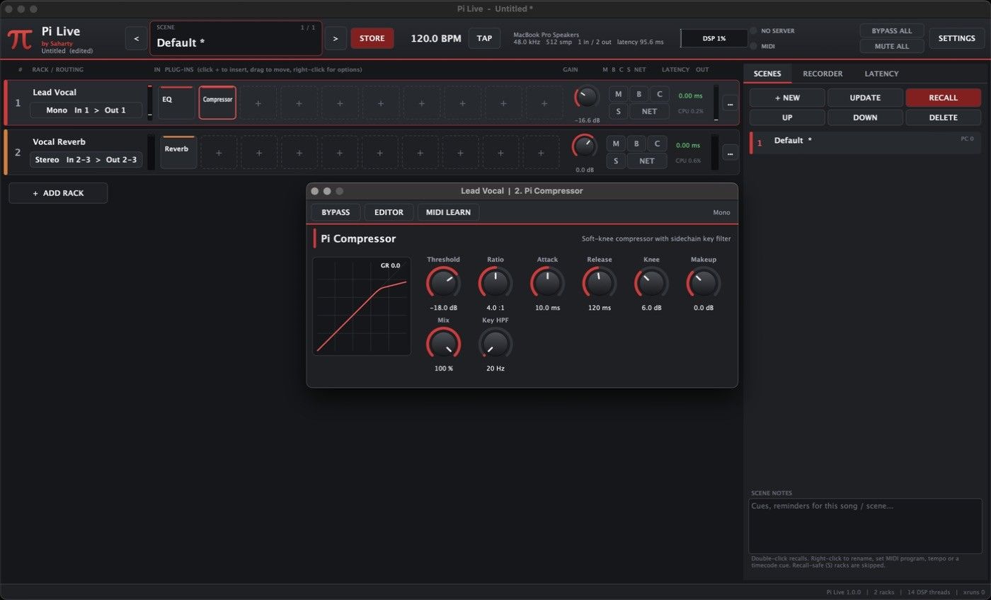 Pi Live screenshot: Pi Live — racks for lead vocal and reverb, scene list, and the Pi Compressor editor open.